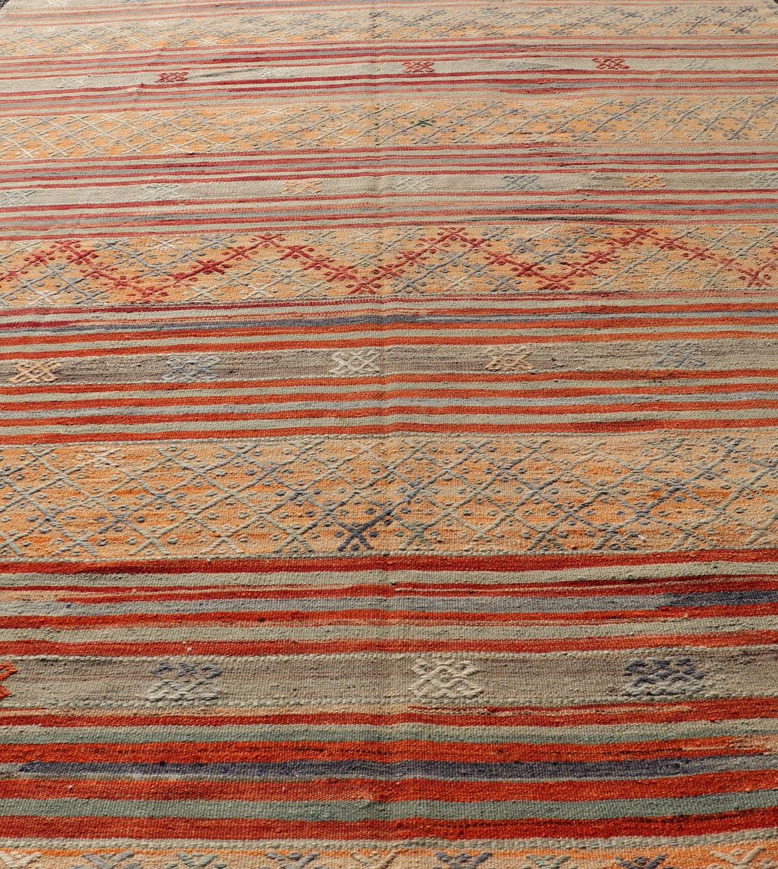 Colorful Vintage Turkish Embroidered Kilim with Stripes and Geometric Motifs  For Sale 3