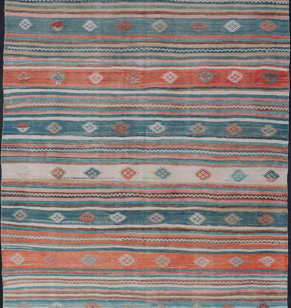 Colorful Vintage Turkish Embroidered Kilim with Stripes and Geometric Motifs For Sale 3