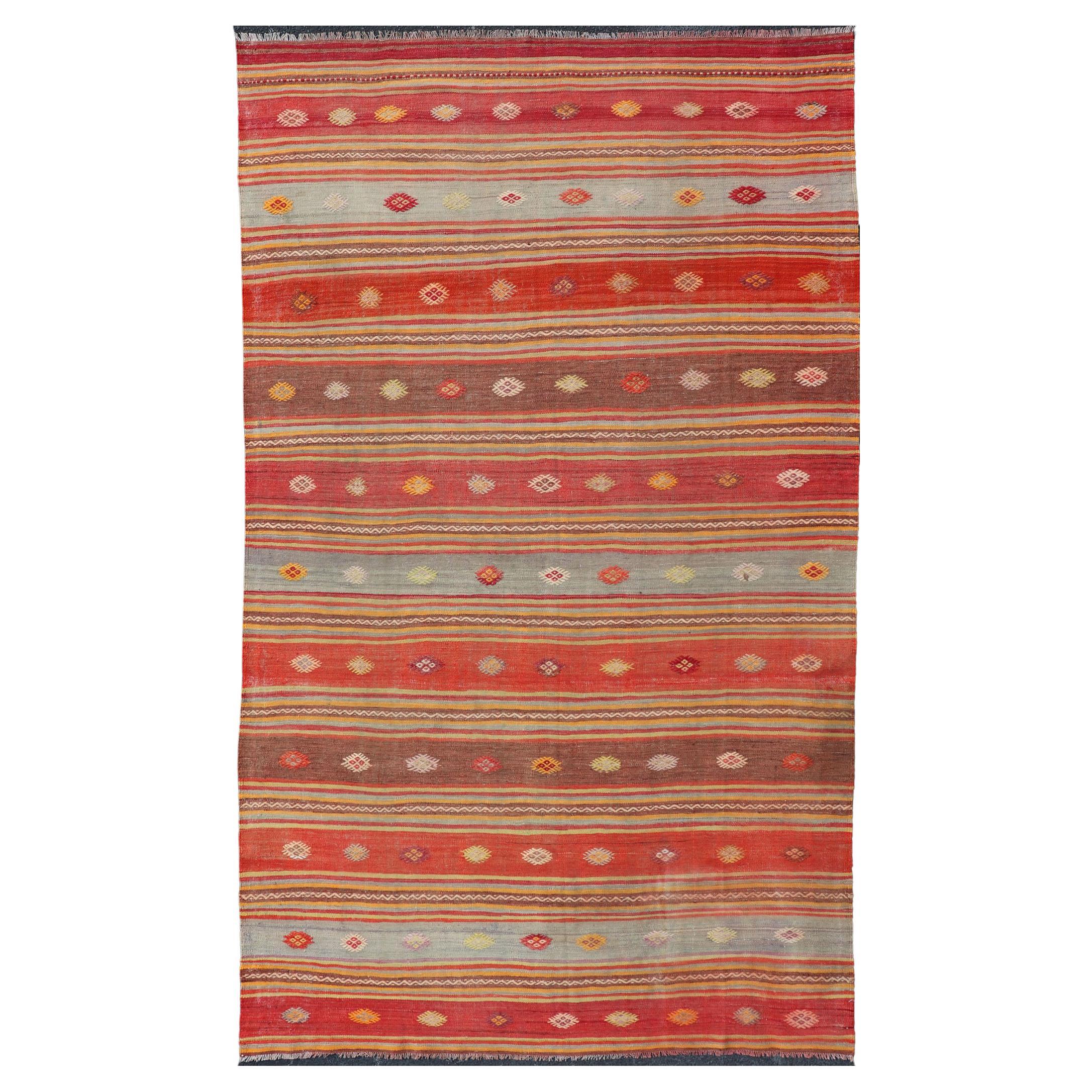Colorful Vintage Turkish Embroidered Kilim with Stripes and Geometric Motifs For Sale