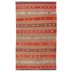 Colorful Vintage Turkish Embroidered Kilim with Stripes and Geometric Motifs