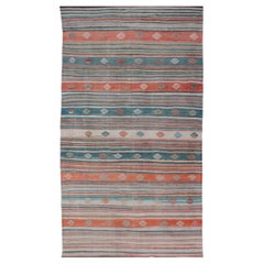 Colorful Vintage Turkish Embroidered Kilim with Stripes and Geometric Motifs