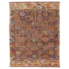 Colorful Vintage Turkish Embroidery Flatweave Rug With Geometric Motifs