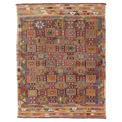 Colorful Vintage Turkish Embroidery Flatweave Rug With Stars 5'10" X 8'2"