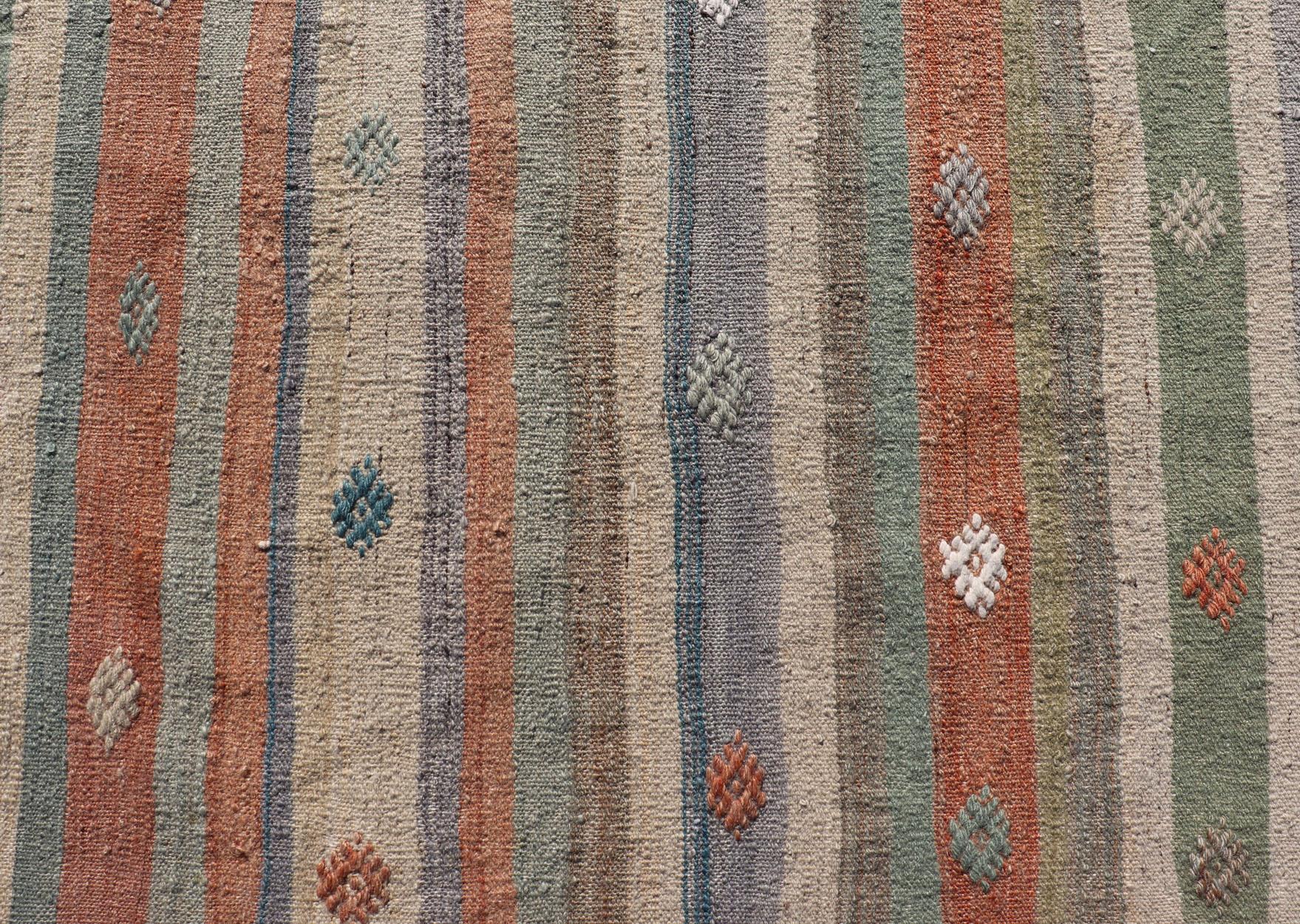 Noué à la main Rug & Kilim turc coloré �à tissage plat et à rayures géométriques 3'4 x 4'7 en vente