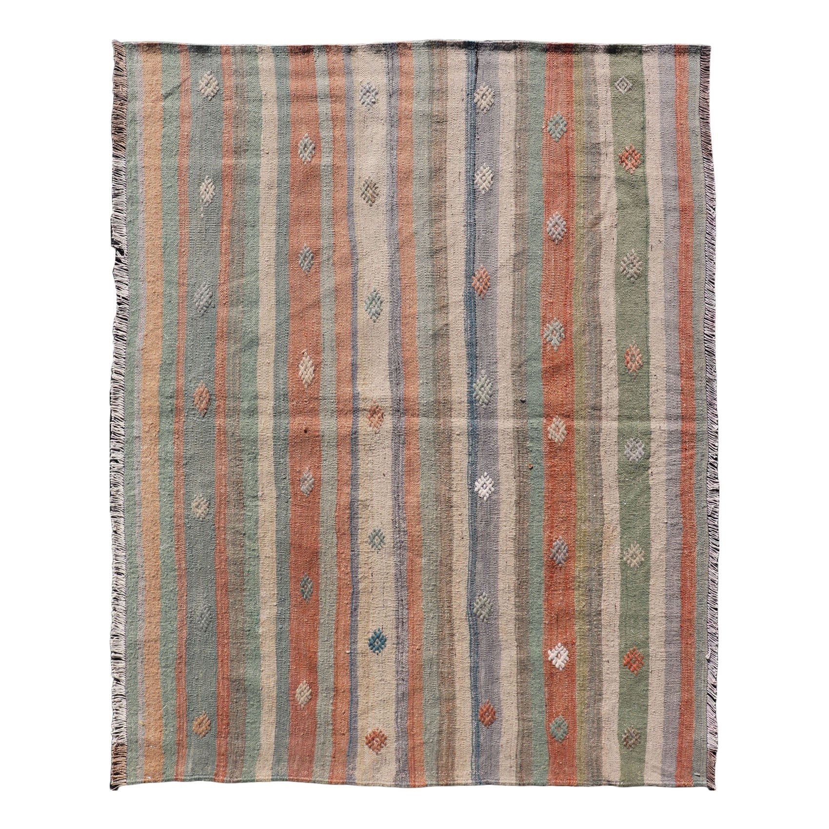 Bunte Vintage Türkisch Flachgewebe Kilim Teppich mit geometrischen Streifen 3
4 x 4
7