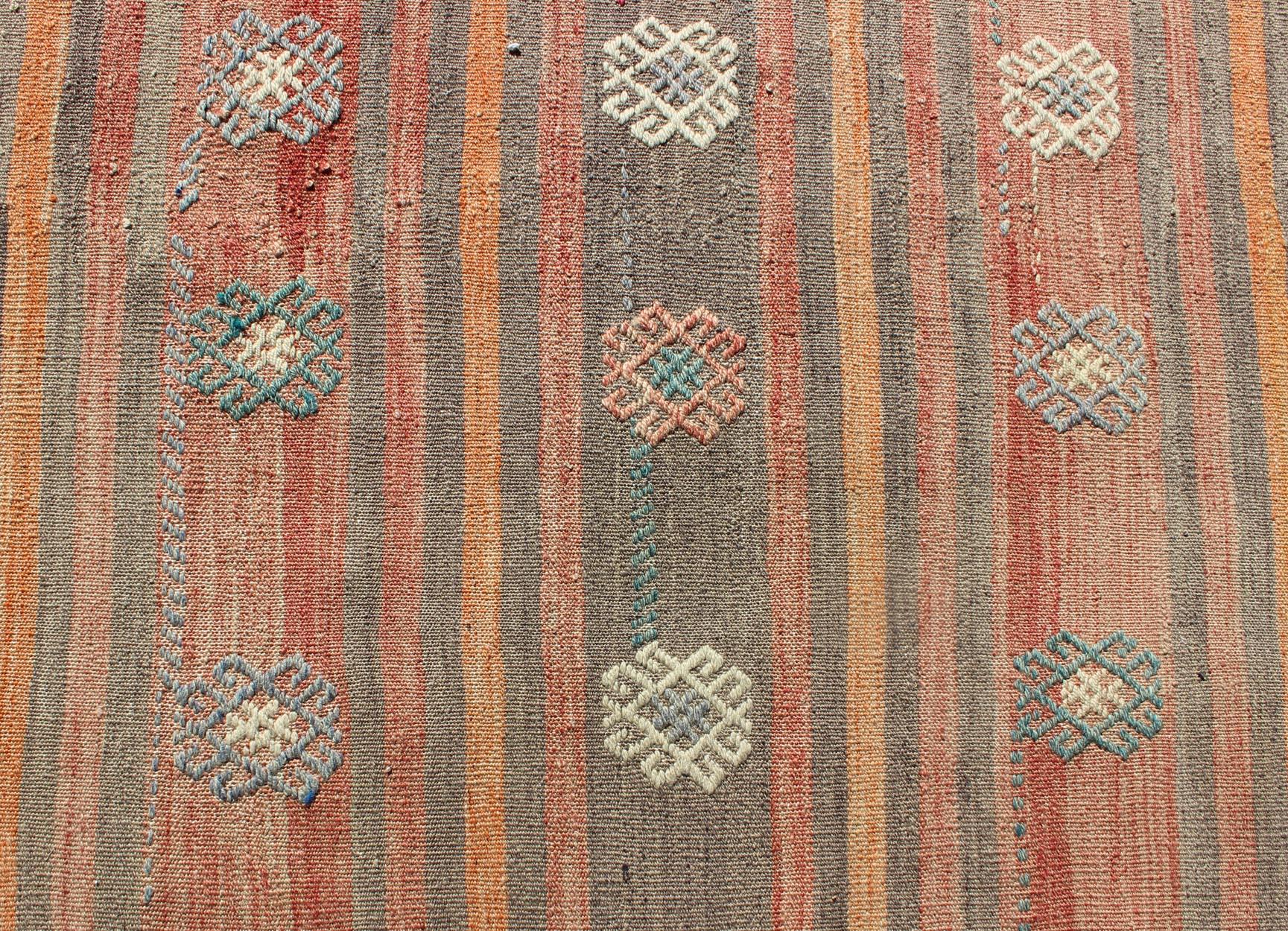 Colorful Vintage Turkish Flat-Weave Kilim Rug with Striped Geometric Design For Sale 4