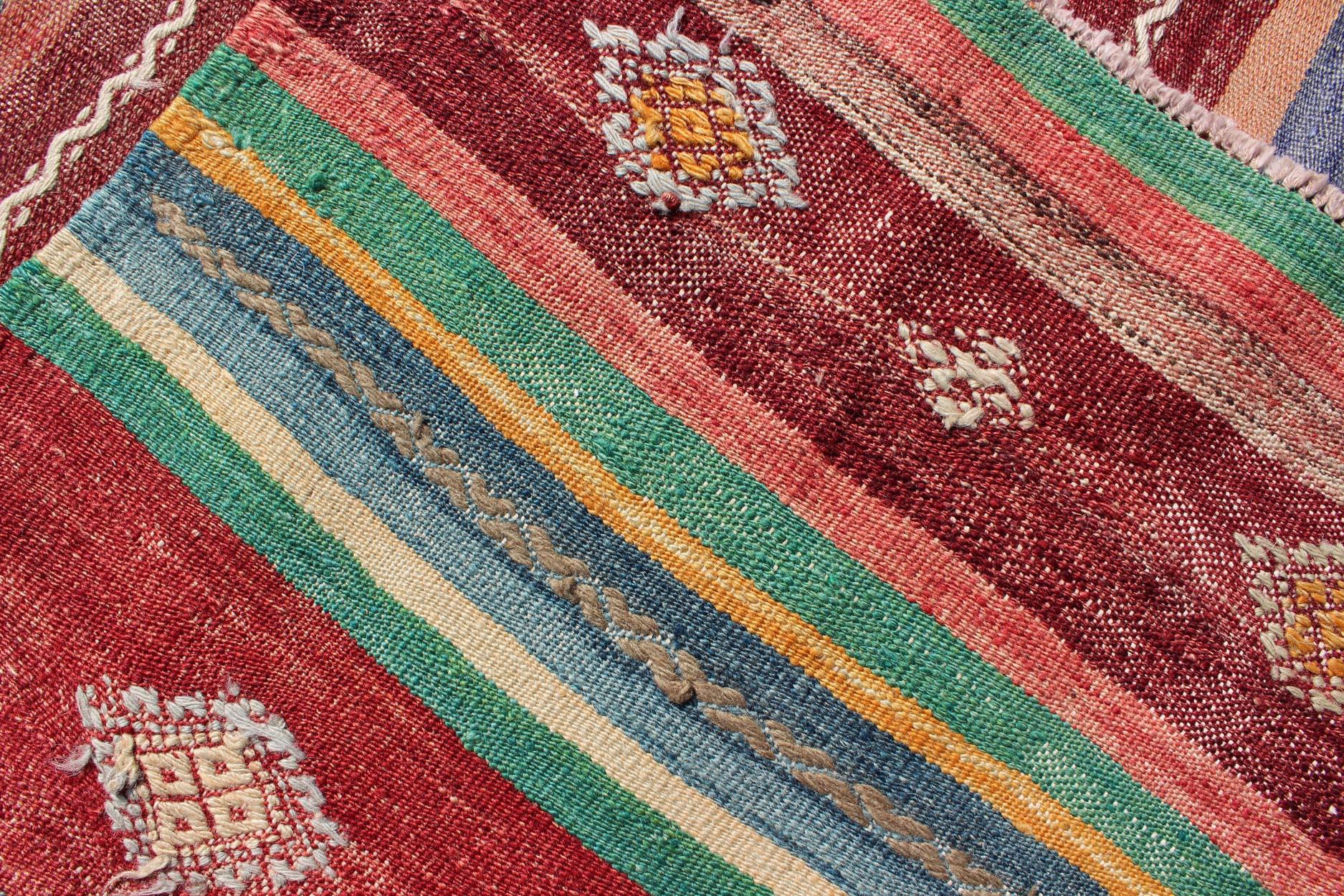 Colorful Vintage Turkish Flat-Weave Kilim Rug with Striped Geometric Design 4