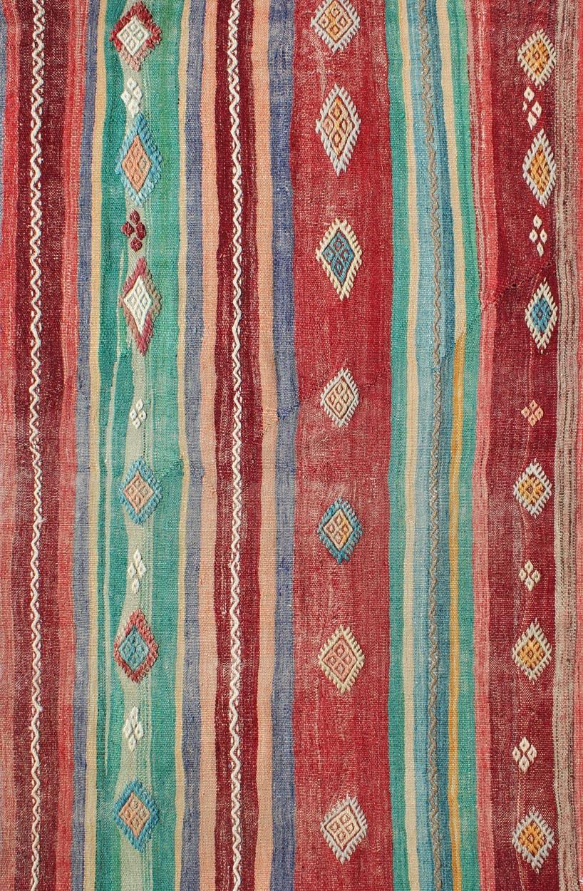 Hand-Woven Colorful Vintage Turkish Flat-Weave Kilim Rug with Striped Geometric Design