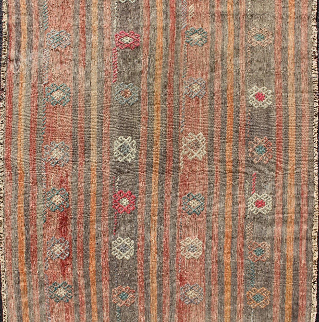 Colorful Vintage Turkish Flat-Weave Kilim Rug with Striped Geometric Design In Good Condition For Sale In Atlanta, GA