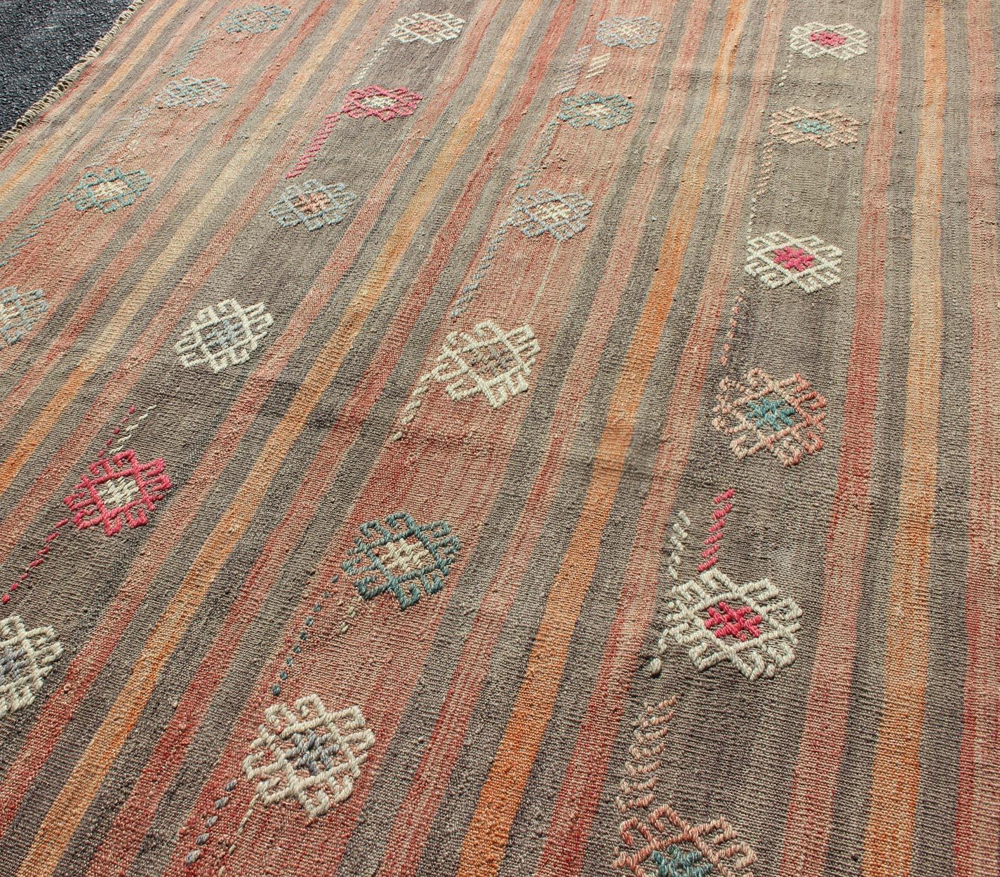 20th Century Colorful Vintage Turkish Flat-Weave Kilim Rug with Striped Geometric Design For Sale