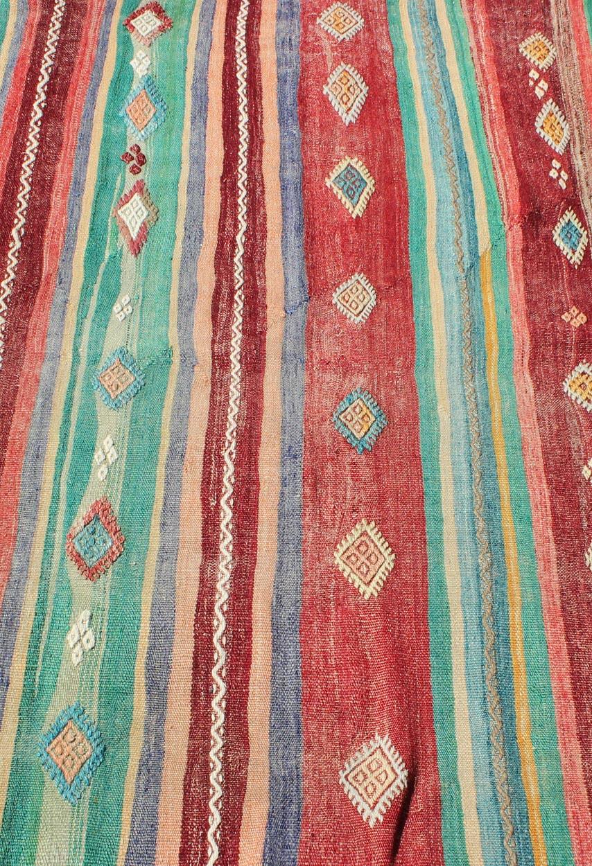 20th Century Colorful Vintage Turkish Flat-Weave Kilim Rug with Striped Geometric Design