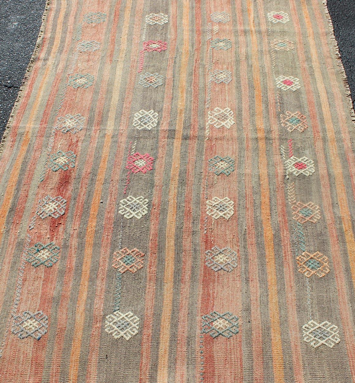 Wool Colorful Vintage Turkish Flat-Weave Kilim Rug with Striped Geometric Design For Sale