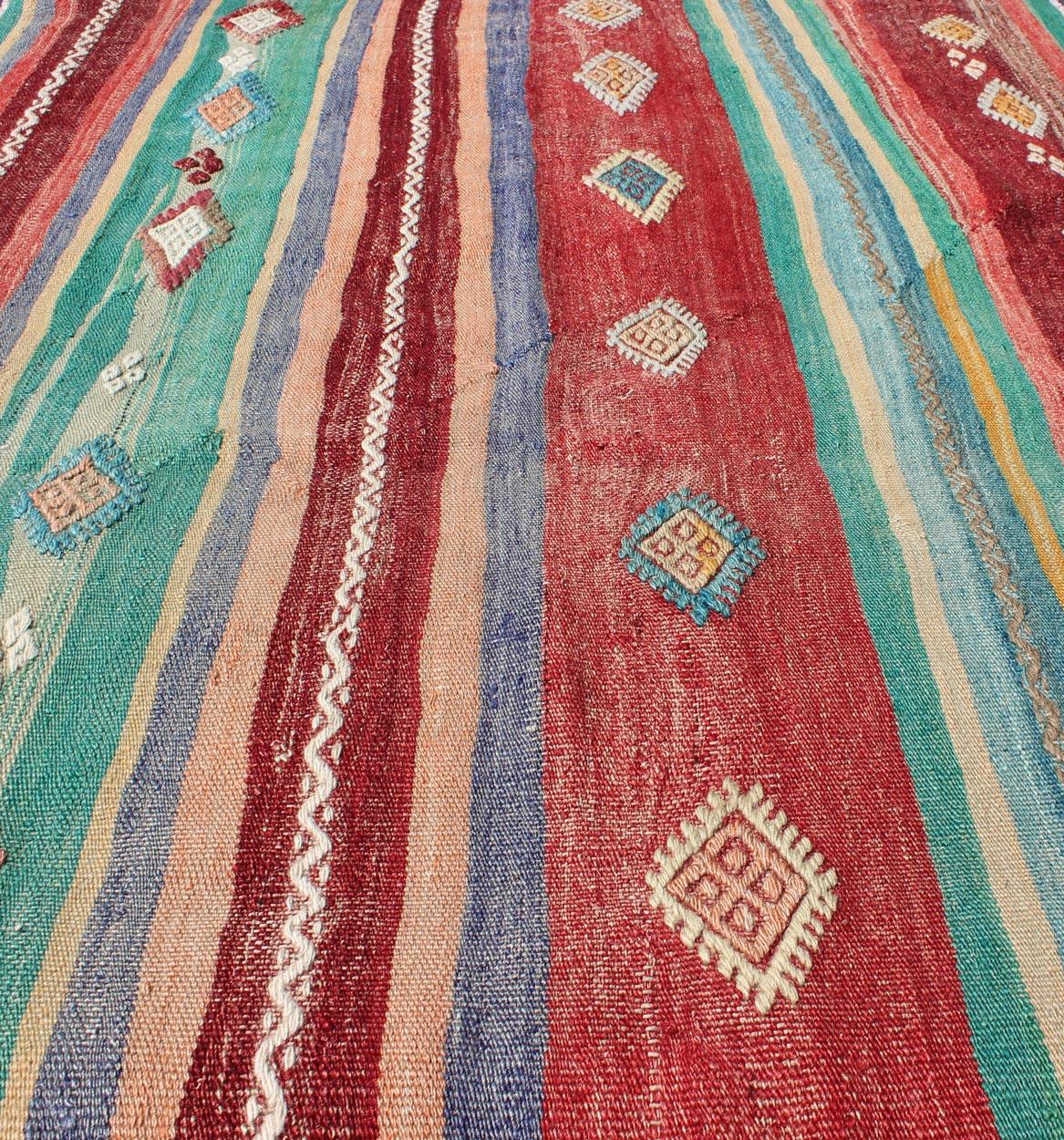 Wool Colorful Vintage Turkish Flat-Weave Kilim Rug with Striped Geometric Design