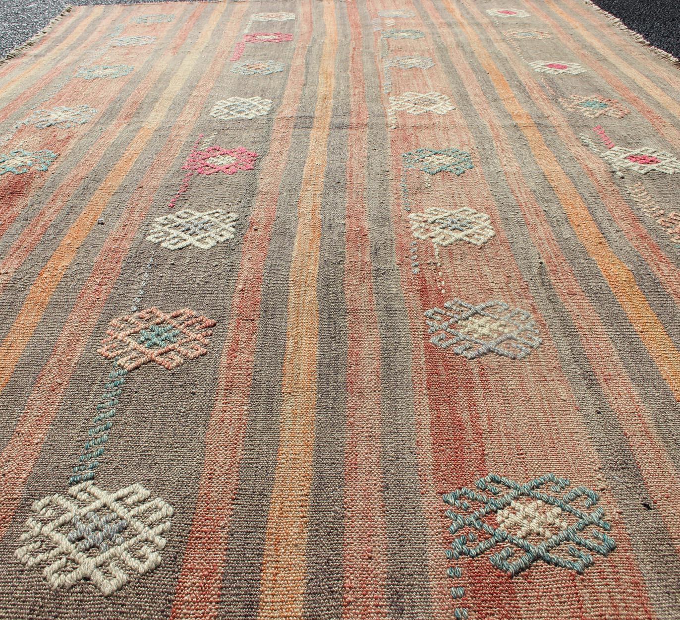 Colorful Vintage Turkish Flat-Weave Kilim Rug with Striped Geometric Design For Sale 1