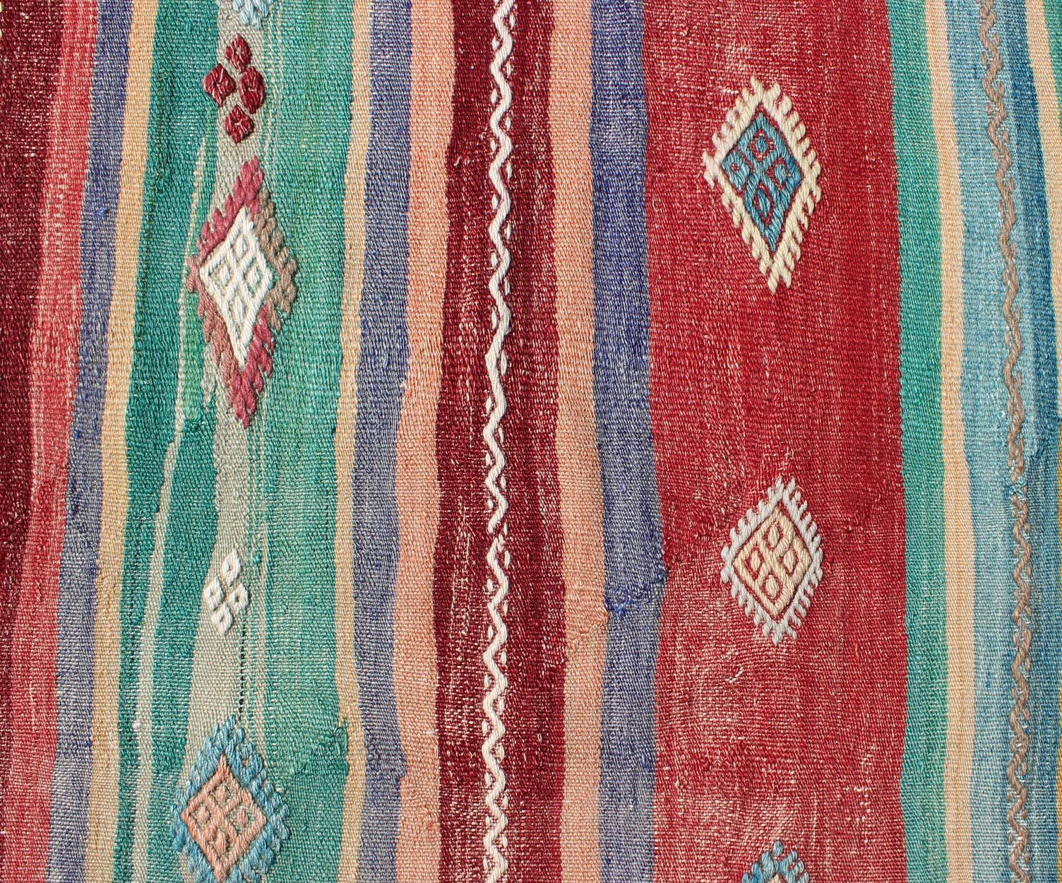 Colorful Vintage Turkish Flat-Weave Kilim Rug with Striped Geometric Design 1