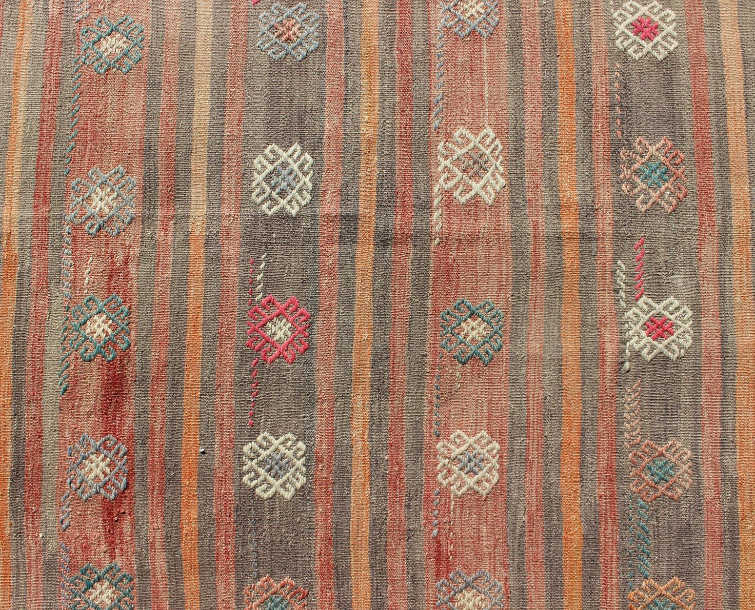 Colorful Vintage Turkish Flat-Weave Kilim Rug with Striped Geometric Design For Sale 2