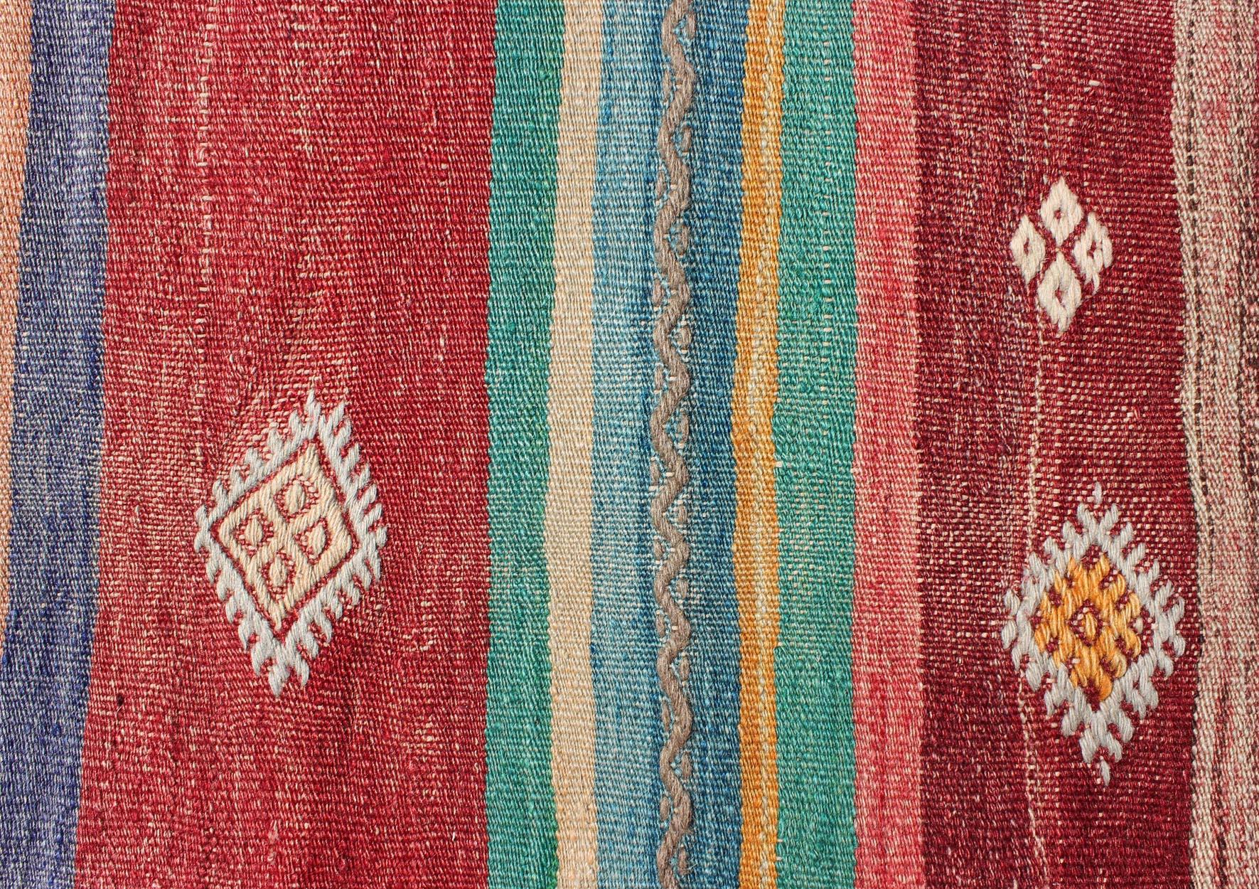 Colorful Vintage Turkish Flat-Weave Kilim Rug with Striped Geometric Design 2