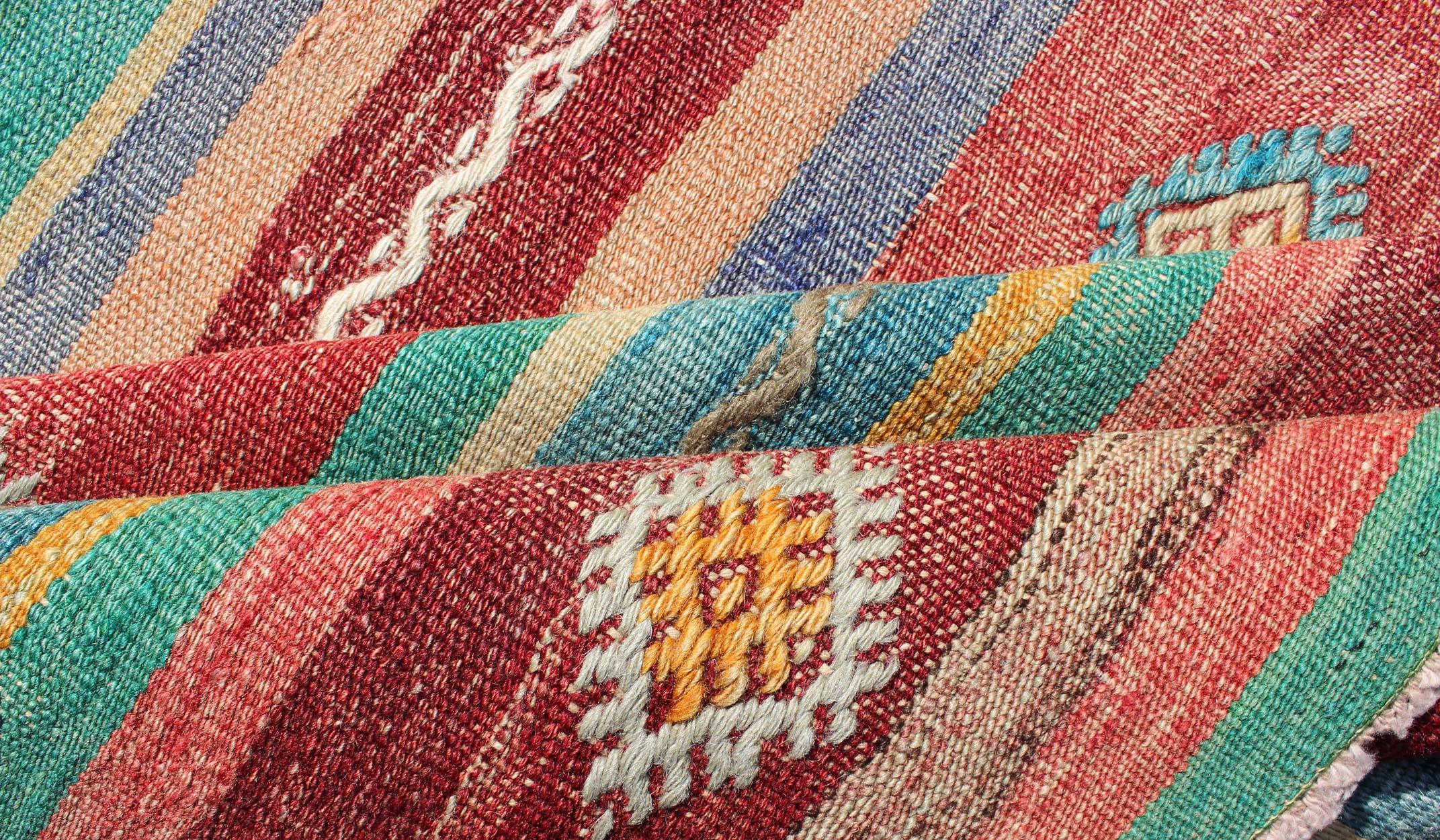 Colorful Vintage Turkish Flat-Weave Kilim Rug with Striped Geometric Design 3