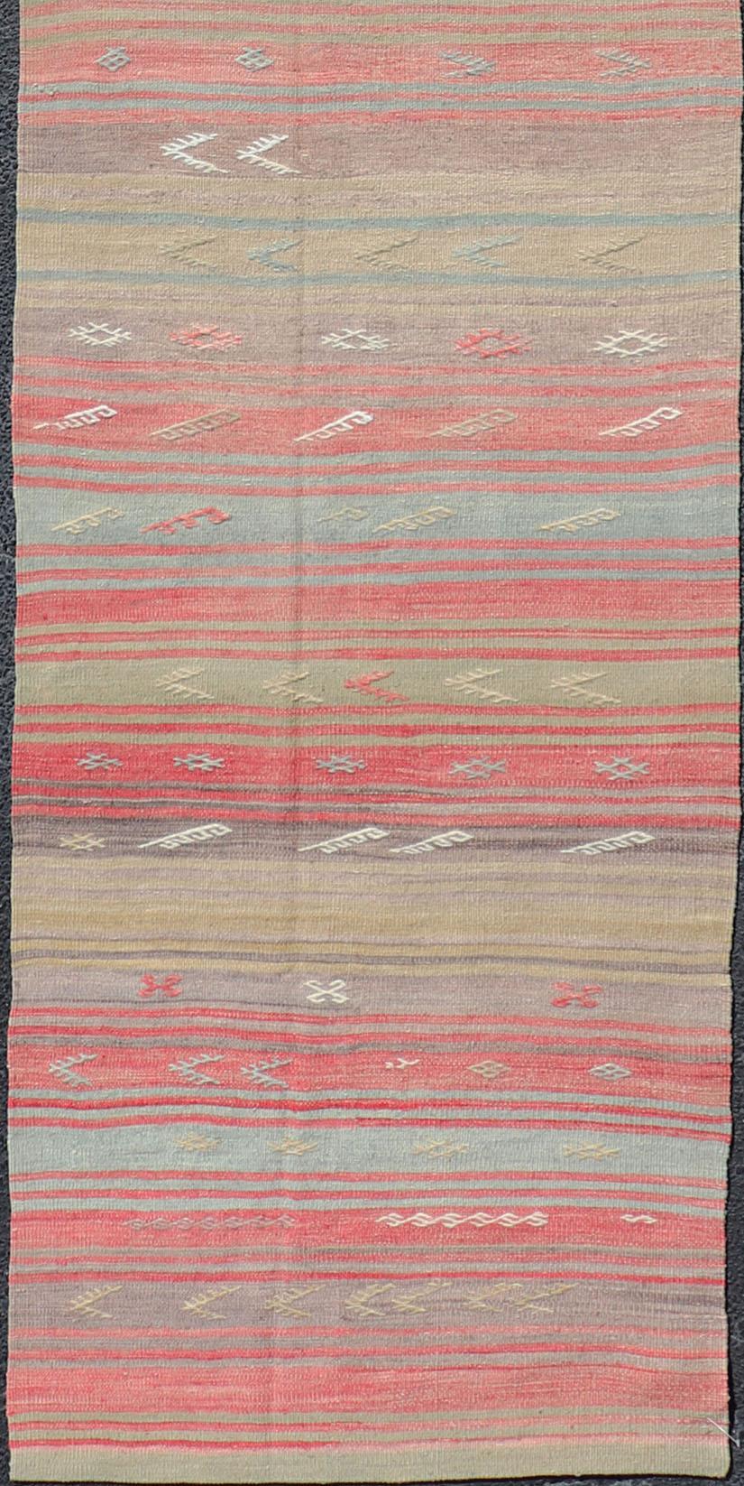 Hand-Knotted Colorful Vintage Turkish Flat-Weave Runner with Dynamic Stripe Design For Sale