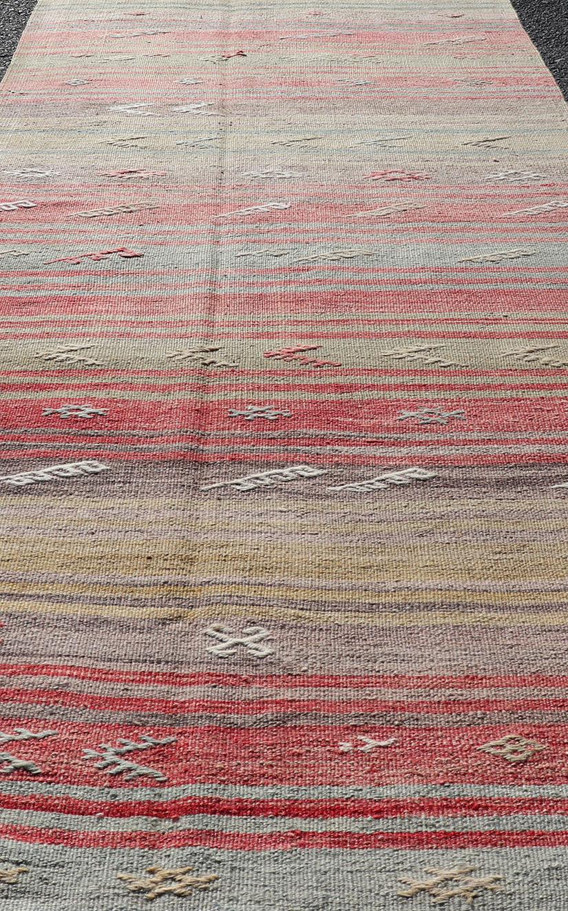 Wool Colorful Vintage Turkish Flat-Weave Runner with Dynamic Stripe Design For Sale