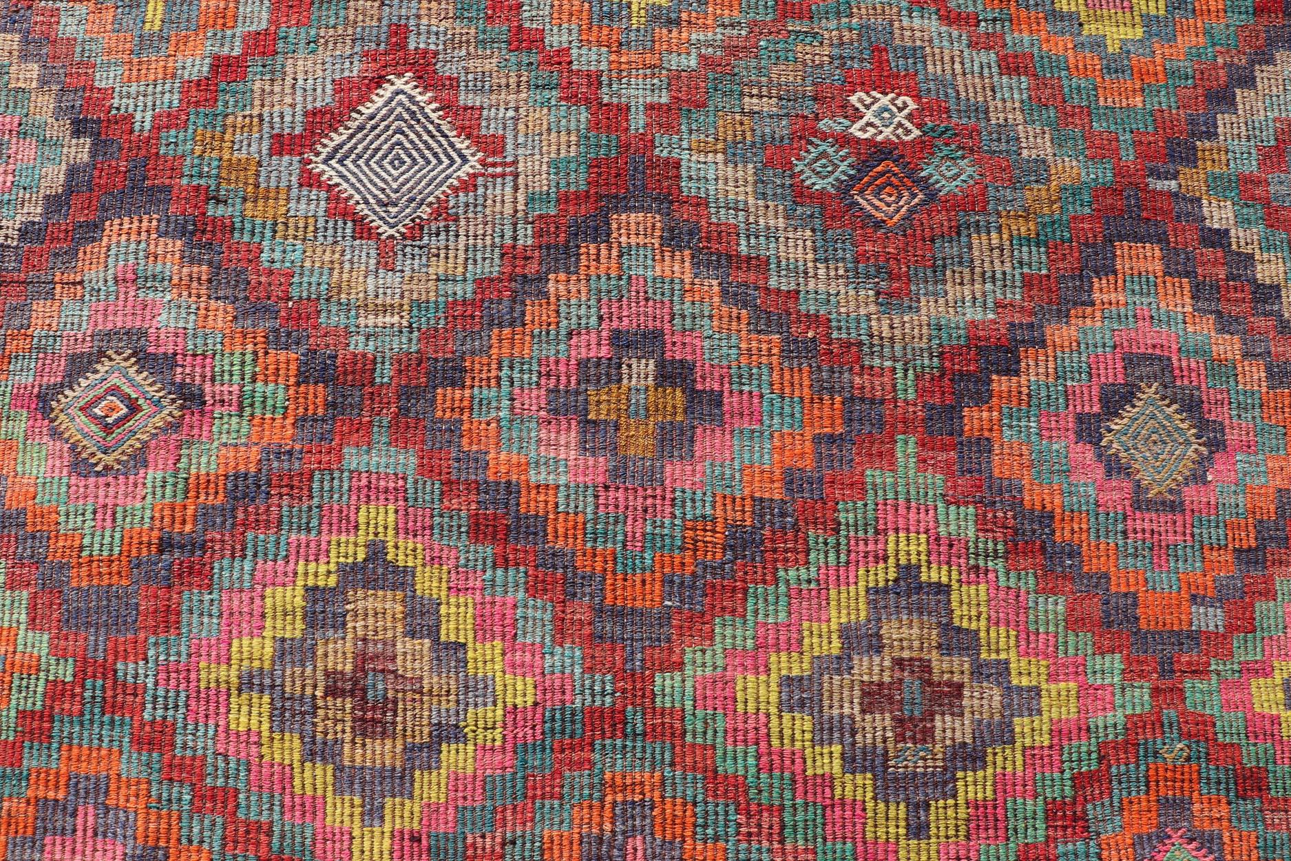 Colorful Vintage Turkish Flat-Weave Tribal Modern Kilim with Embroideries For Sale 4