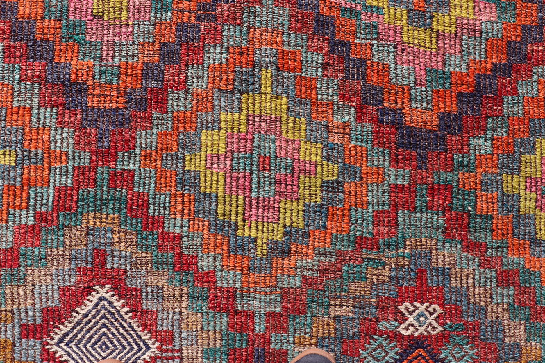 Colorful Vintage Turkish Flat-Weave Tribal Modern Kilim with Embroideries For Sale 5