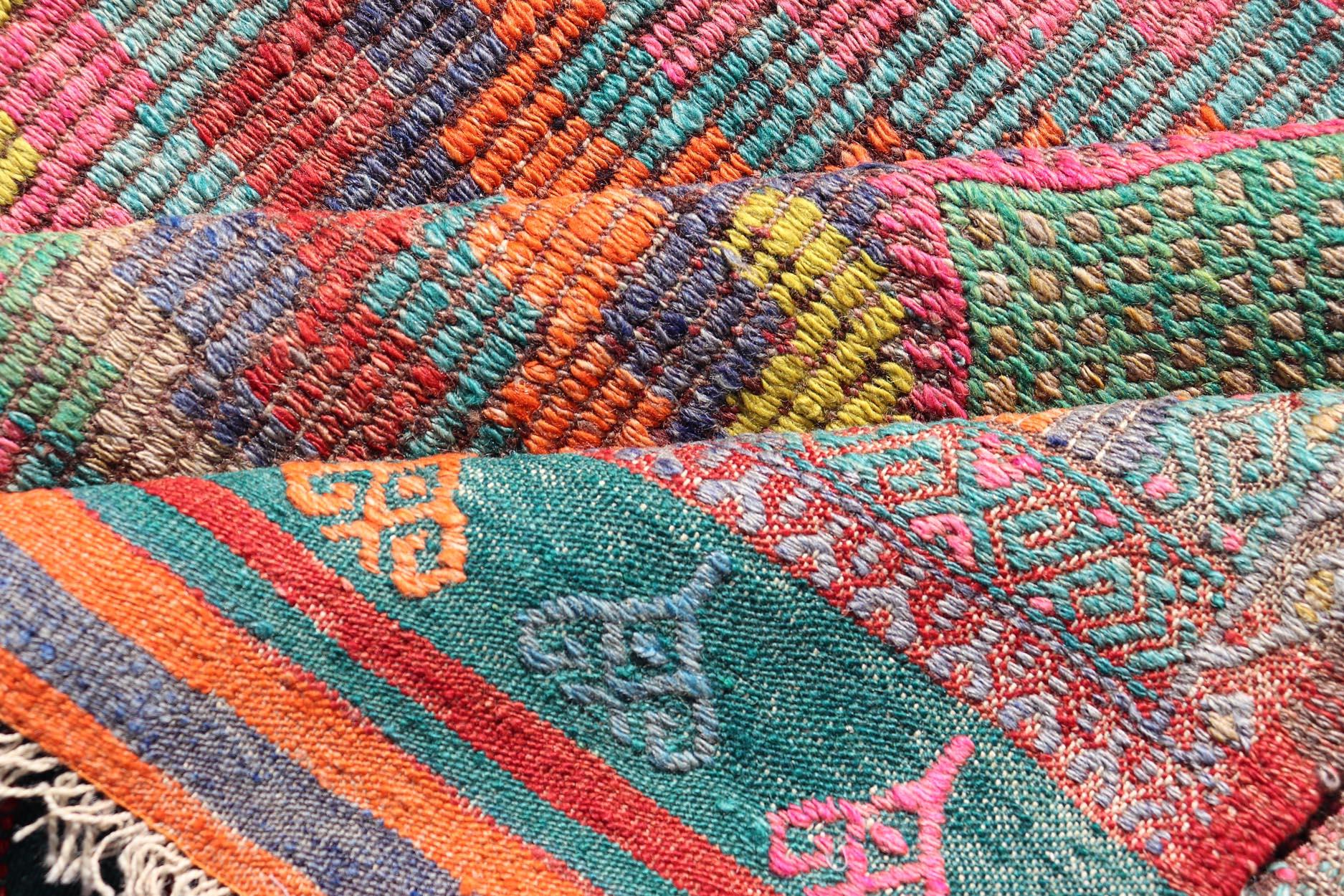 Colorful Vintage Turkish Flat-Weave Tribal Modern Kilim with Embroideries For Sale 6