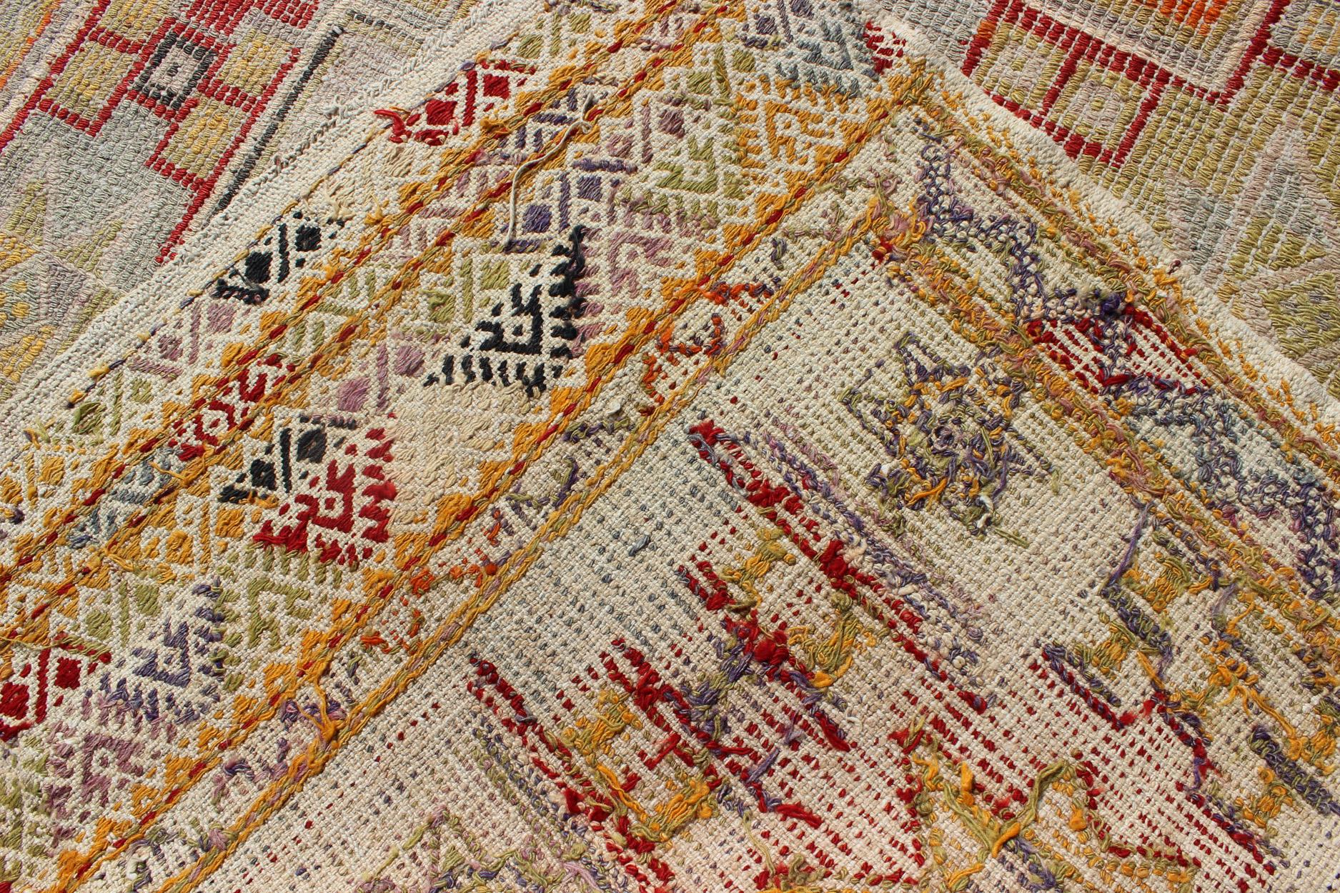 Hand-Knotted Colorful Vintage Turkish Flat-Weave Tribal Modern Kilim with Embroideries For Sale