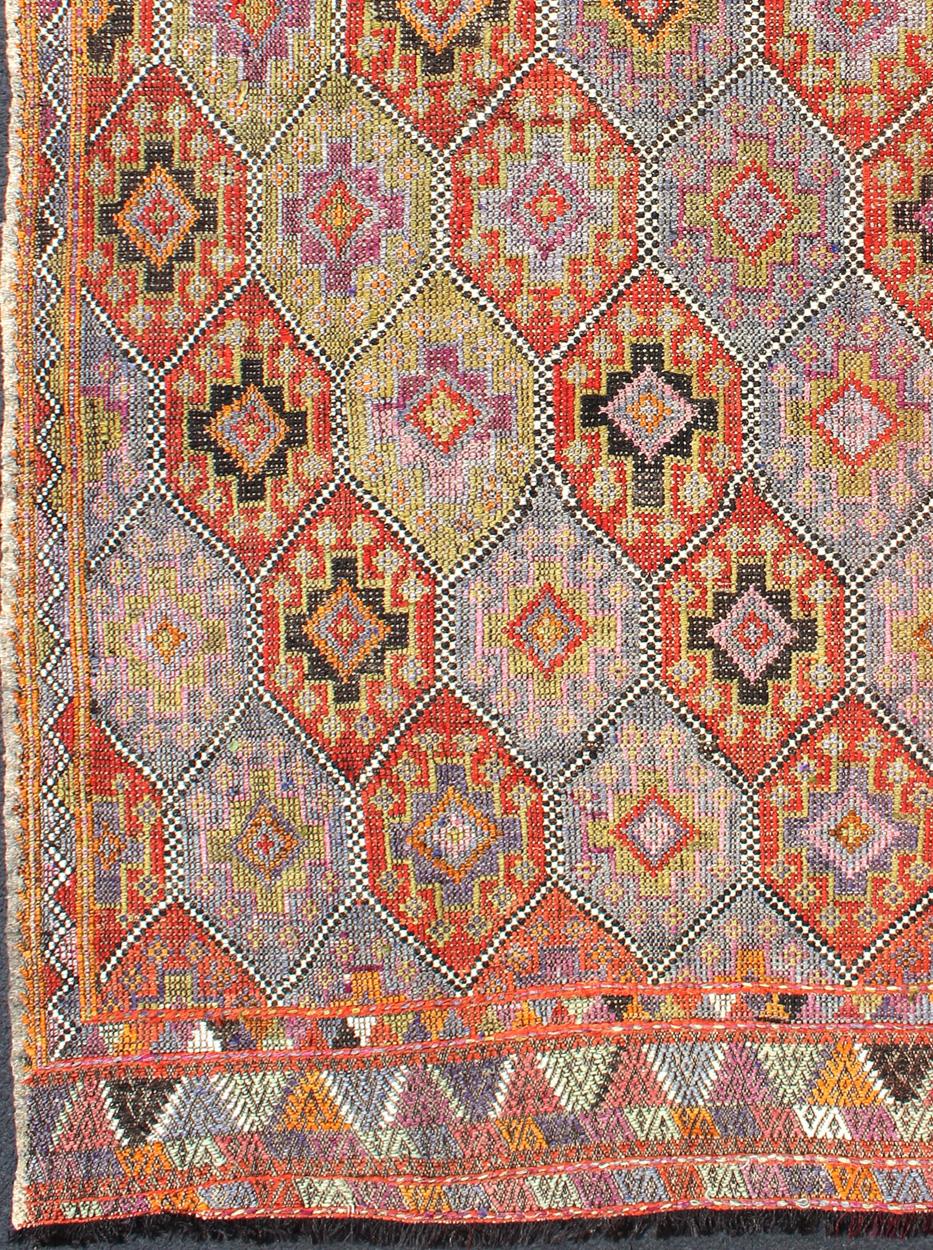 Hand-Woven Colorful Vintage Turkish Flat-Weave Tribal Modern Kilim with Embroideries For Sale