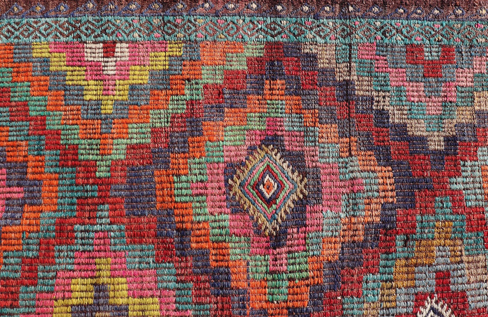 Hand-Woven Colorful Vintage Turkish Flat-Weave Tribal Modern Kilim with Embroideries For Sale