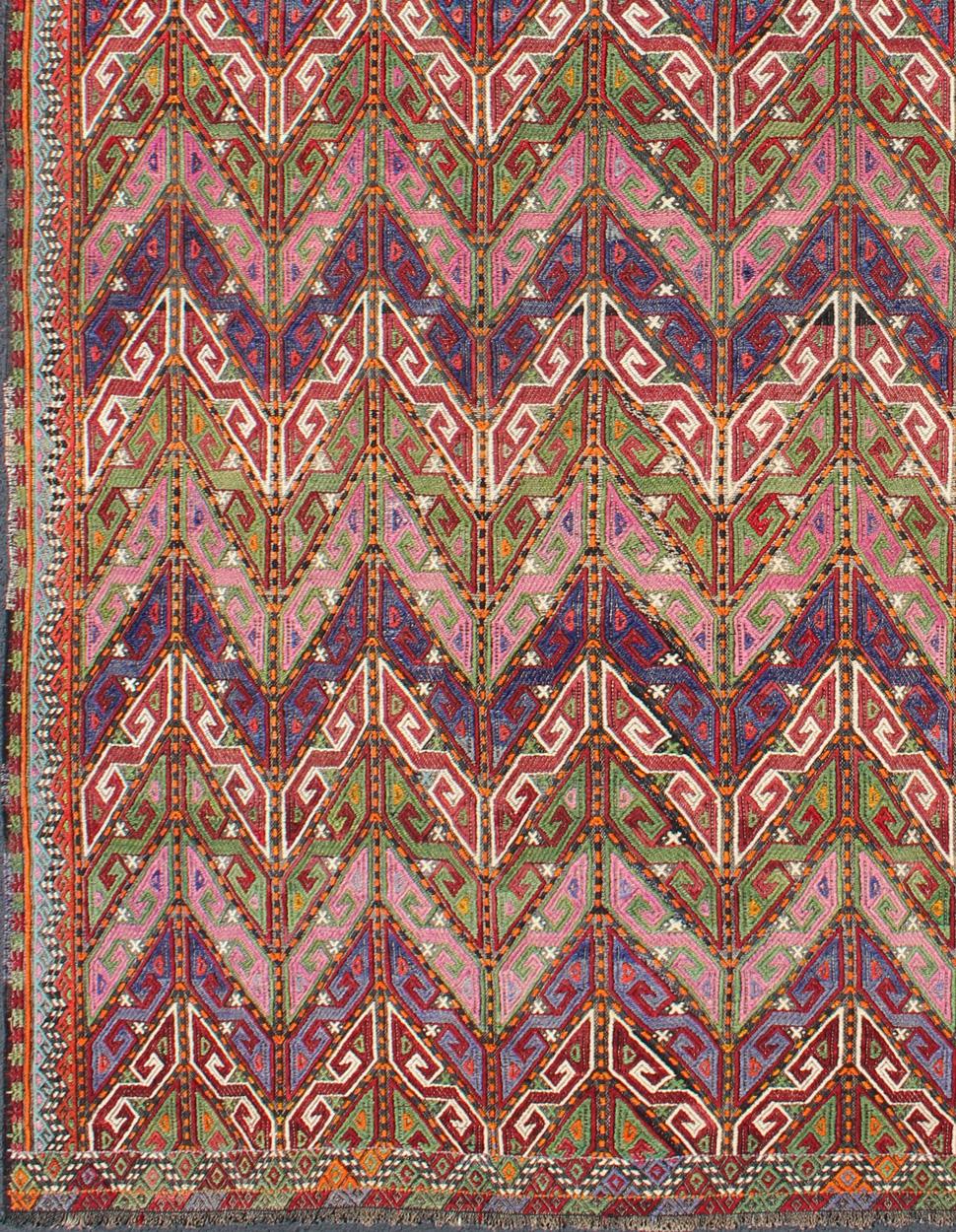 Hand-Woven Colorful Vintage Turkish Embroidered Flat-Weave in Diamond design For Sale
