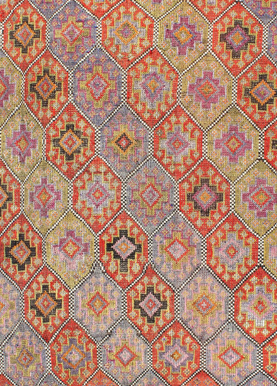 Colorful Vintage Turkish Flat-Weave Tribal Modern Kilim with Embroideries In Excellent Condition For Sale In Atlanta, GA