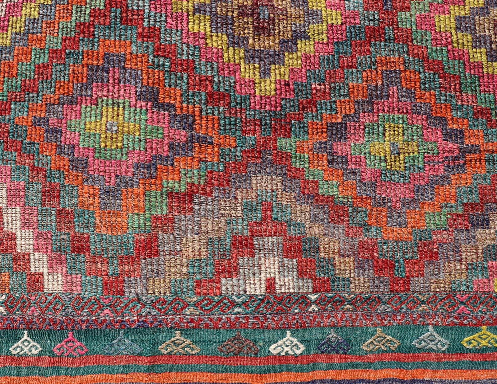 Colorful Vintage Turkish Flat-Weave Tribal Modern Kilim with Embroideries In Good Condition For Sale In Atlanta, GA