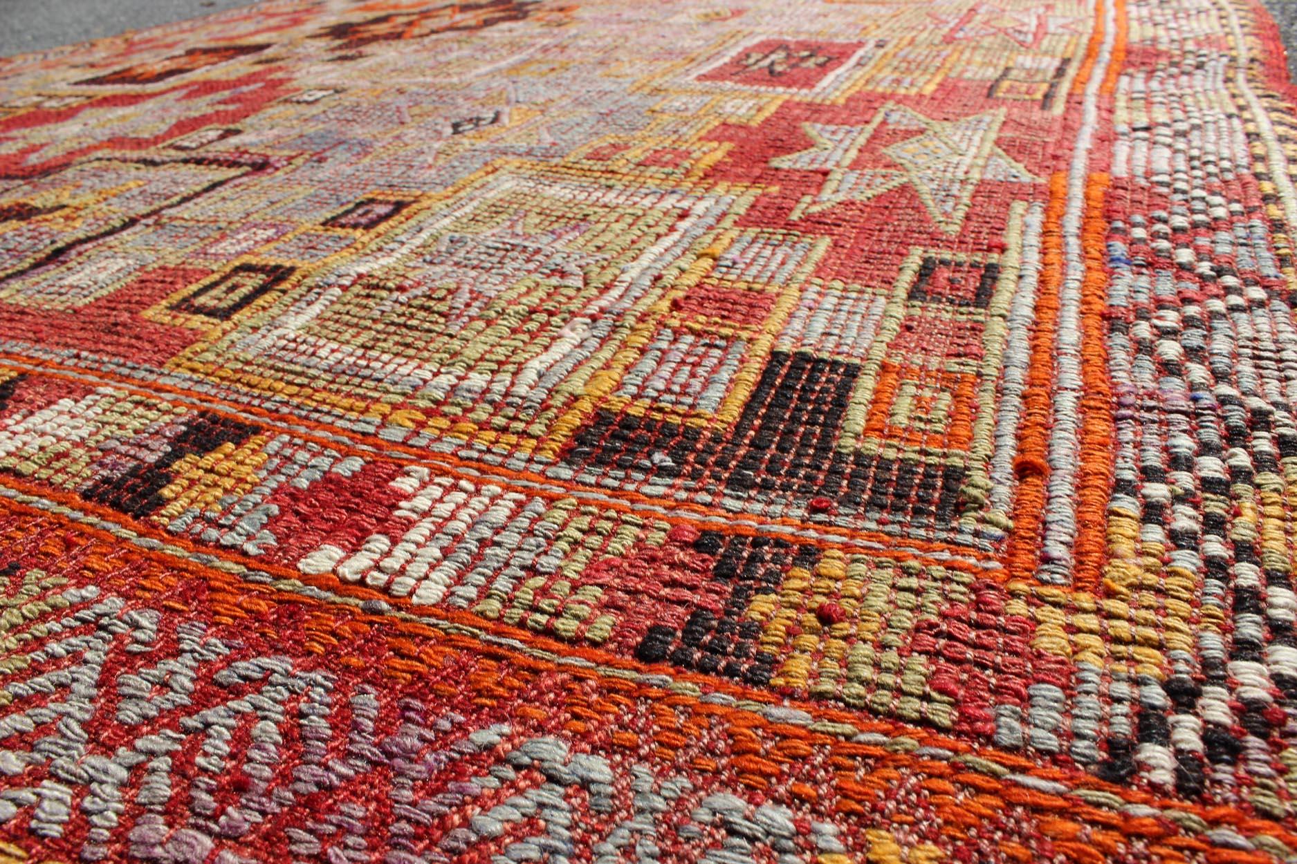 20th Century Colorful Vintage Turkish Flat-Weave Tribal Modern Kilim with Embroideries