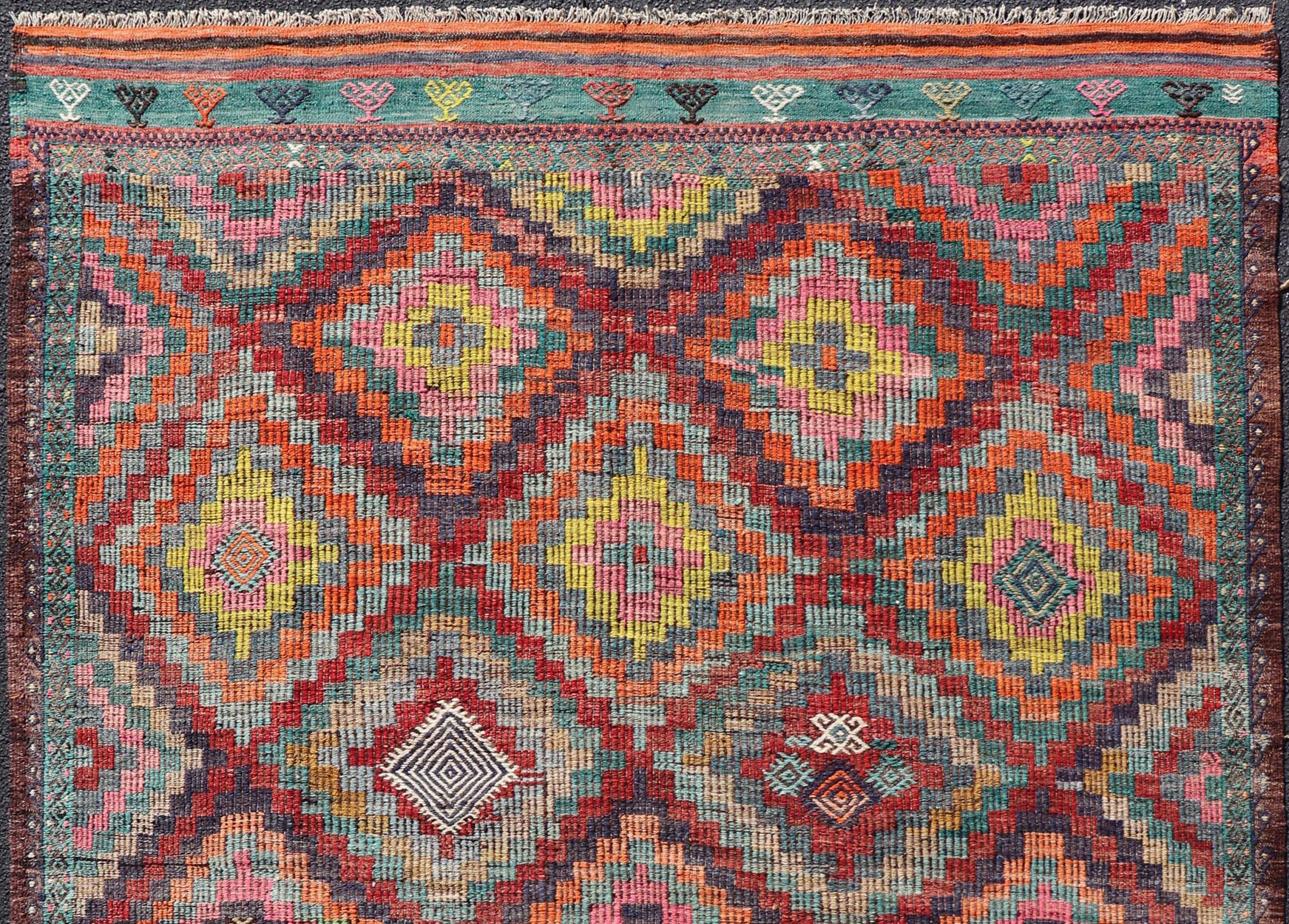 20th Century Colorful Vintage Turkish Flat-Weave Tribal Modern Kilim with Embroideries For Sale