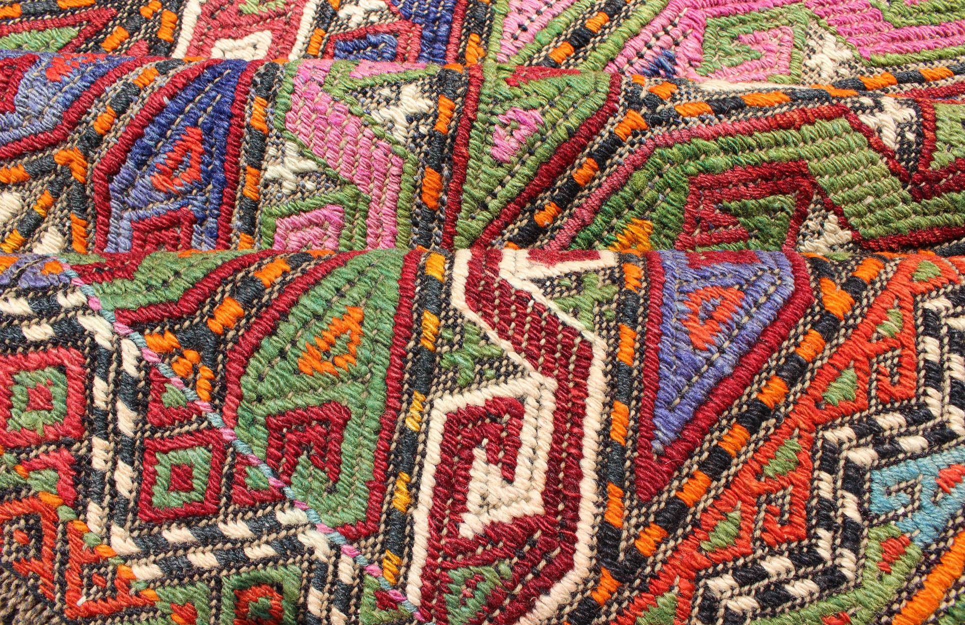 20th Century Colorful Vintage Turkish Embroidered Flat-Weave in Diamond design For Sale