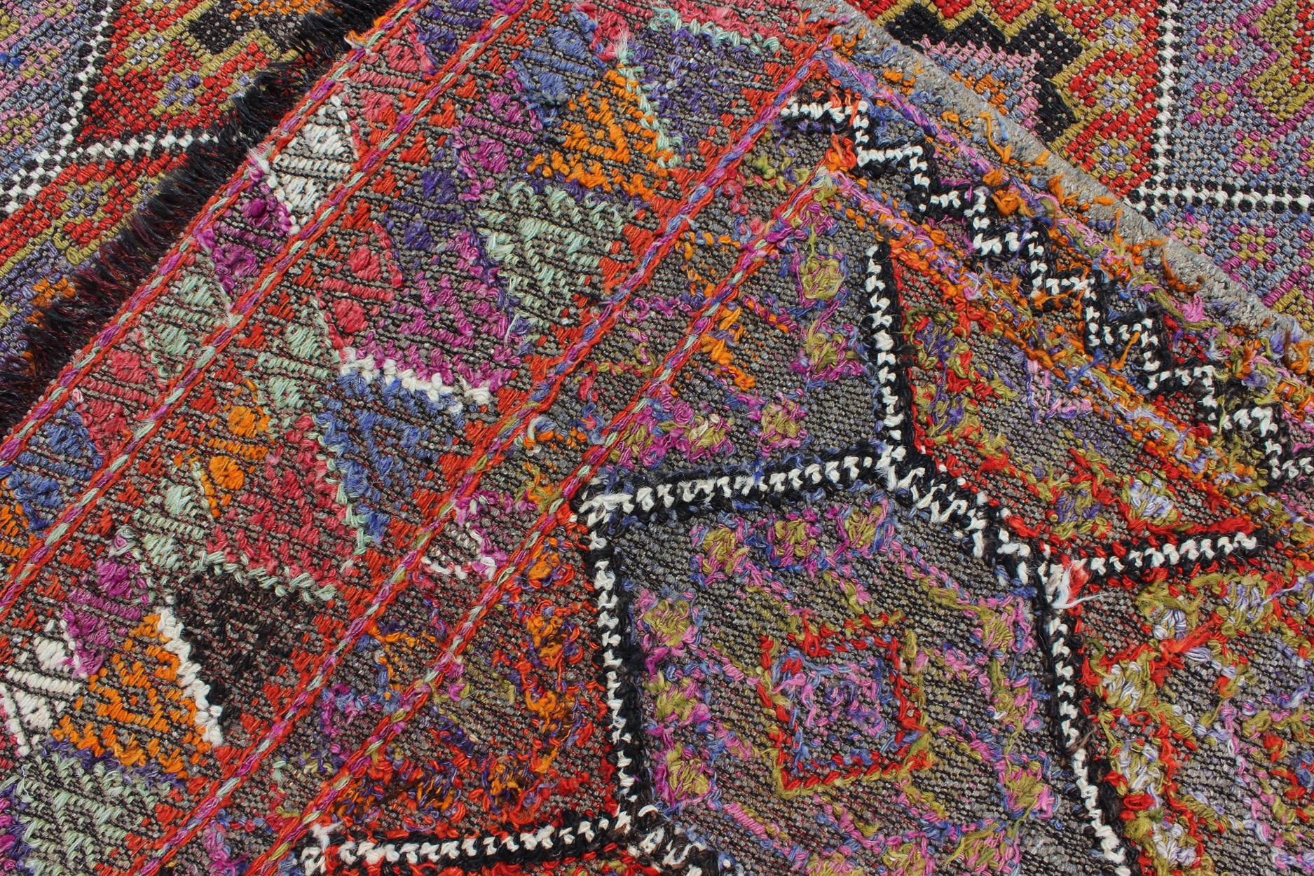 Wool Colorful Vintage Turkish Flat-Weave Tribal Modern Kilim with Embroideries For Sale