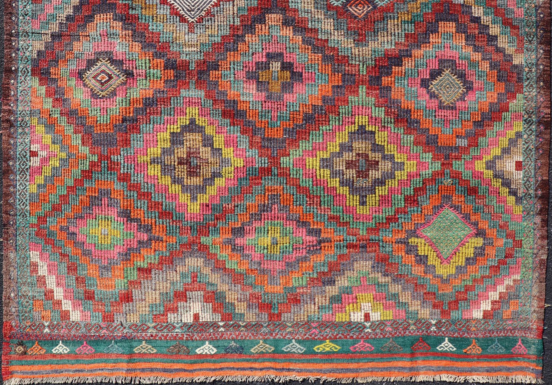 Colorful Vintage Turkish Flat-Weave Tribal Modern Kilim with Embroideries For Sale 1
