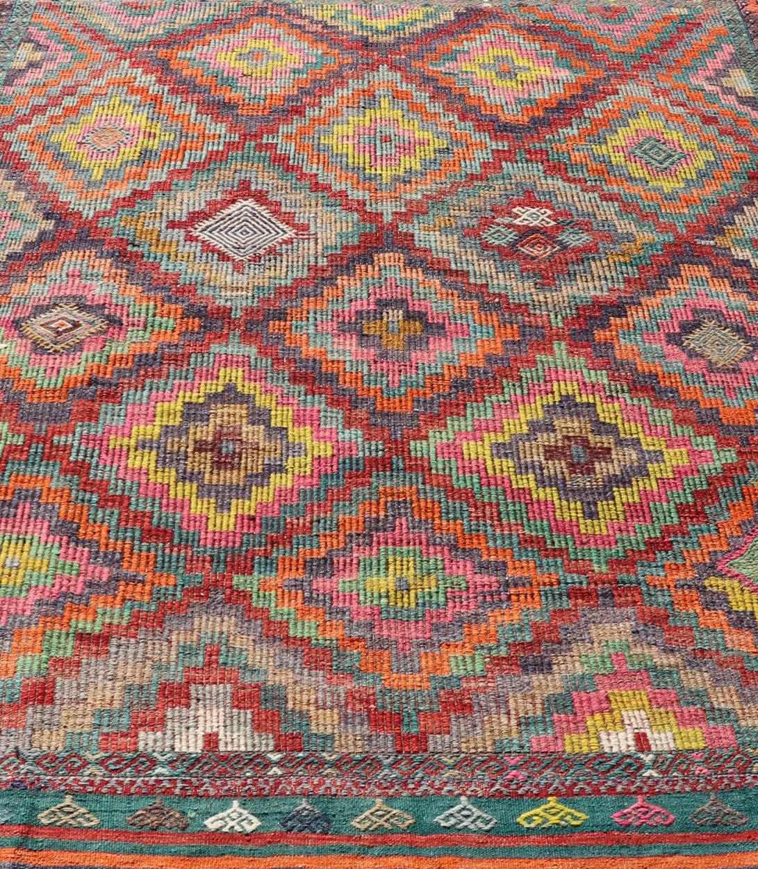 Colorful Vintage Turkish Flat-Weave Tribal Modern Kilim with Embroideries For Sale 2