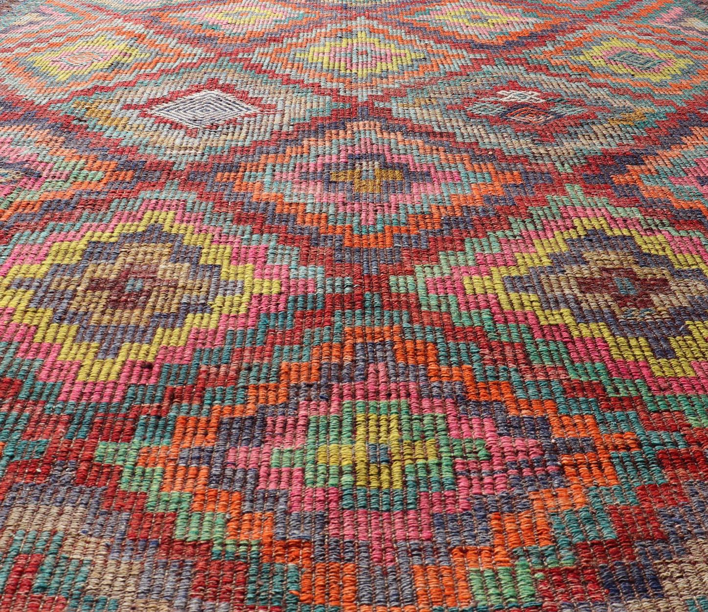 Colorful Vintage Turkish Flat-Weave Tribal Modern Kilim with Embroideries For Sale 3