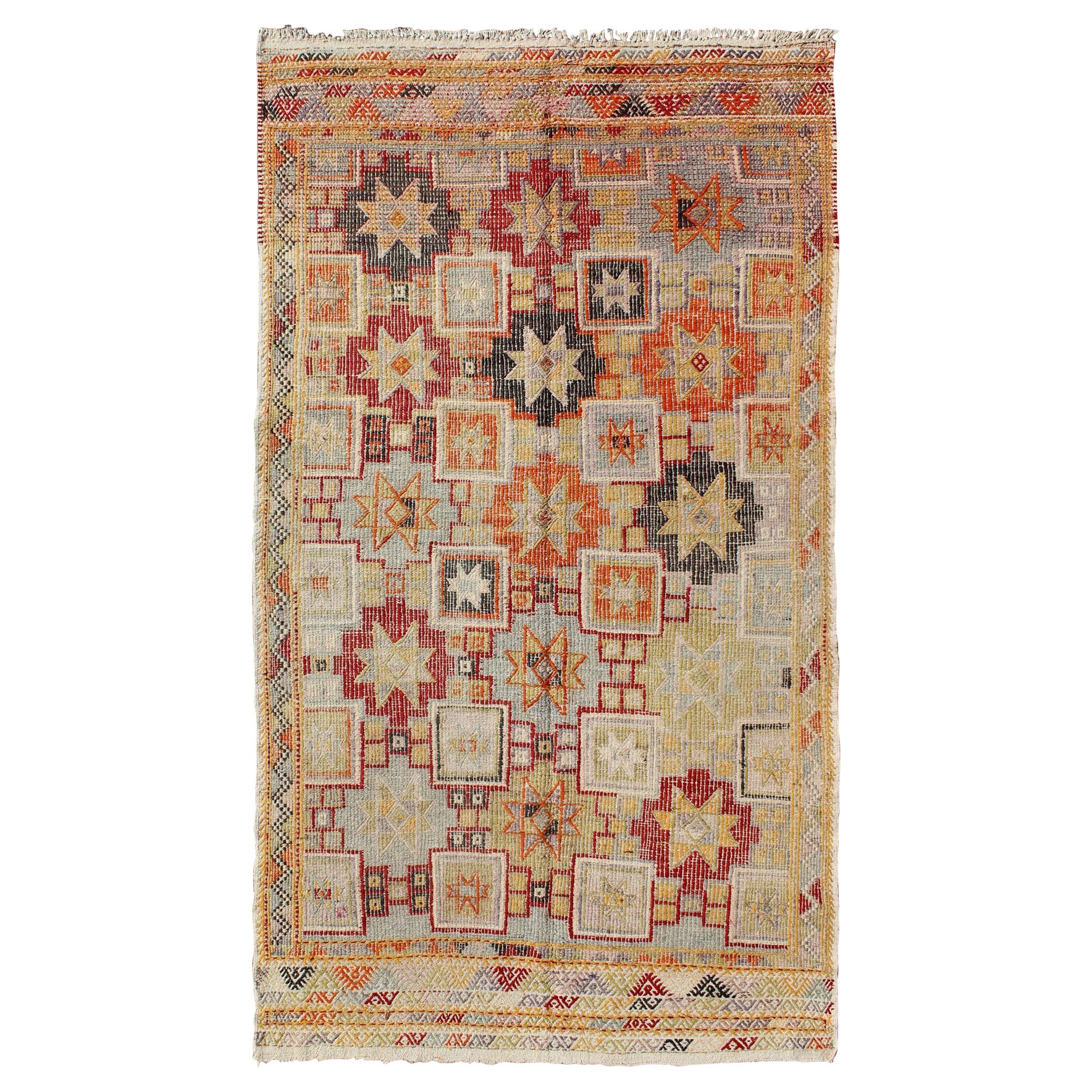 Kilim turco vintage a trama piatta e ricami tribali moderni, colorati e colorati