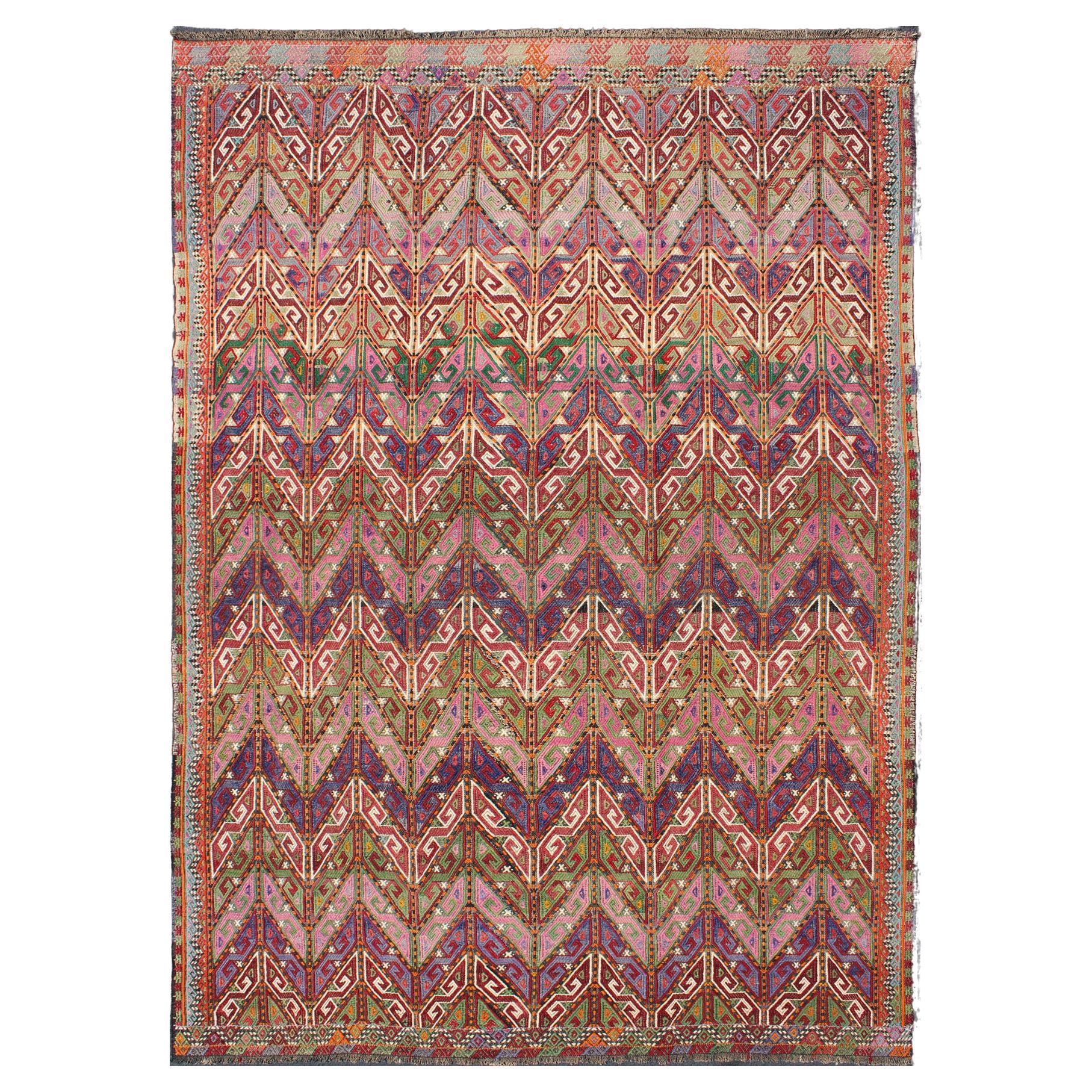 Colorful Vintage Turkish Embroidered Flat-Weave in Diamond design For Sale