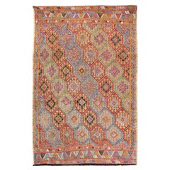 Colorful Retro Turkish Flat-Weave Tribal Modern Kilim with Embroideries