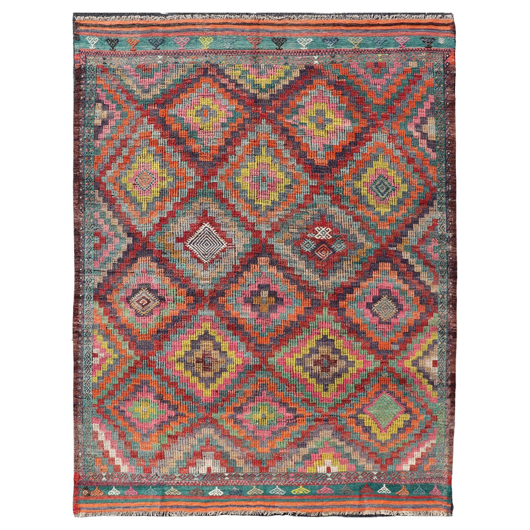 Colorful Vintage Turkish Flat-Weave Tribal Modern Kilim with Embroideries
