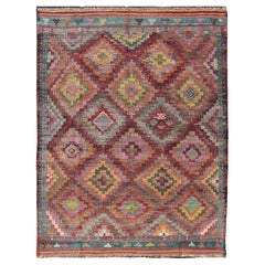 Colorful Vintage Turkish Flat-Weave Tribal Modern Kilim with Embroideries