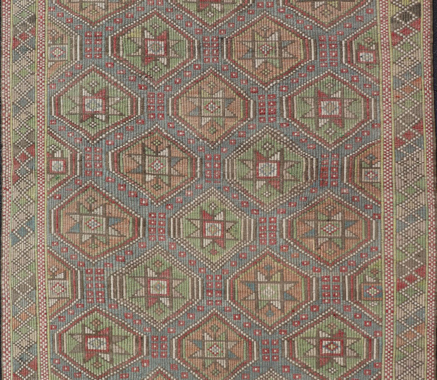 Colorful Vintage Turkish Flat-Weave Tribal Motif Kilim with Embroideries For Sale 4