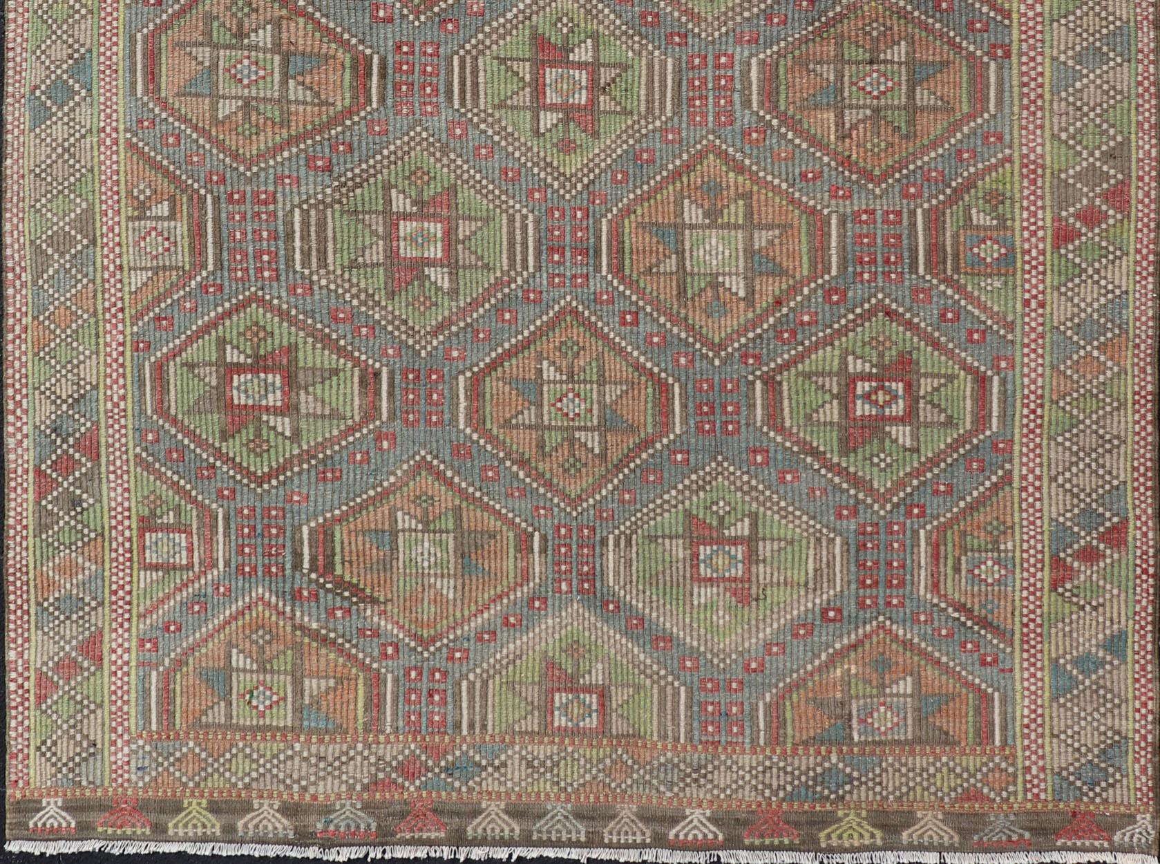 Colorful Vintage Turkish Flat-Weave Tribal Motif Kilim with Embroideries For Sale 5