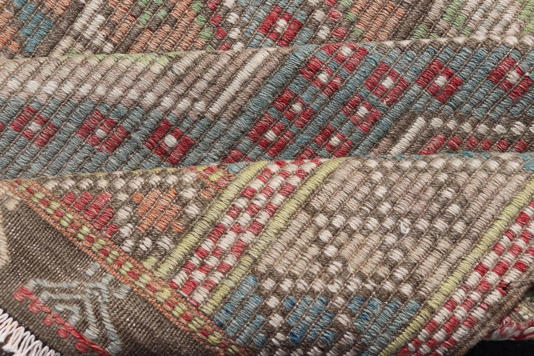 Colorful Vintage Turkish Flat-Weave Tribal Motif Kilim with Embroideries For Sale 7