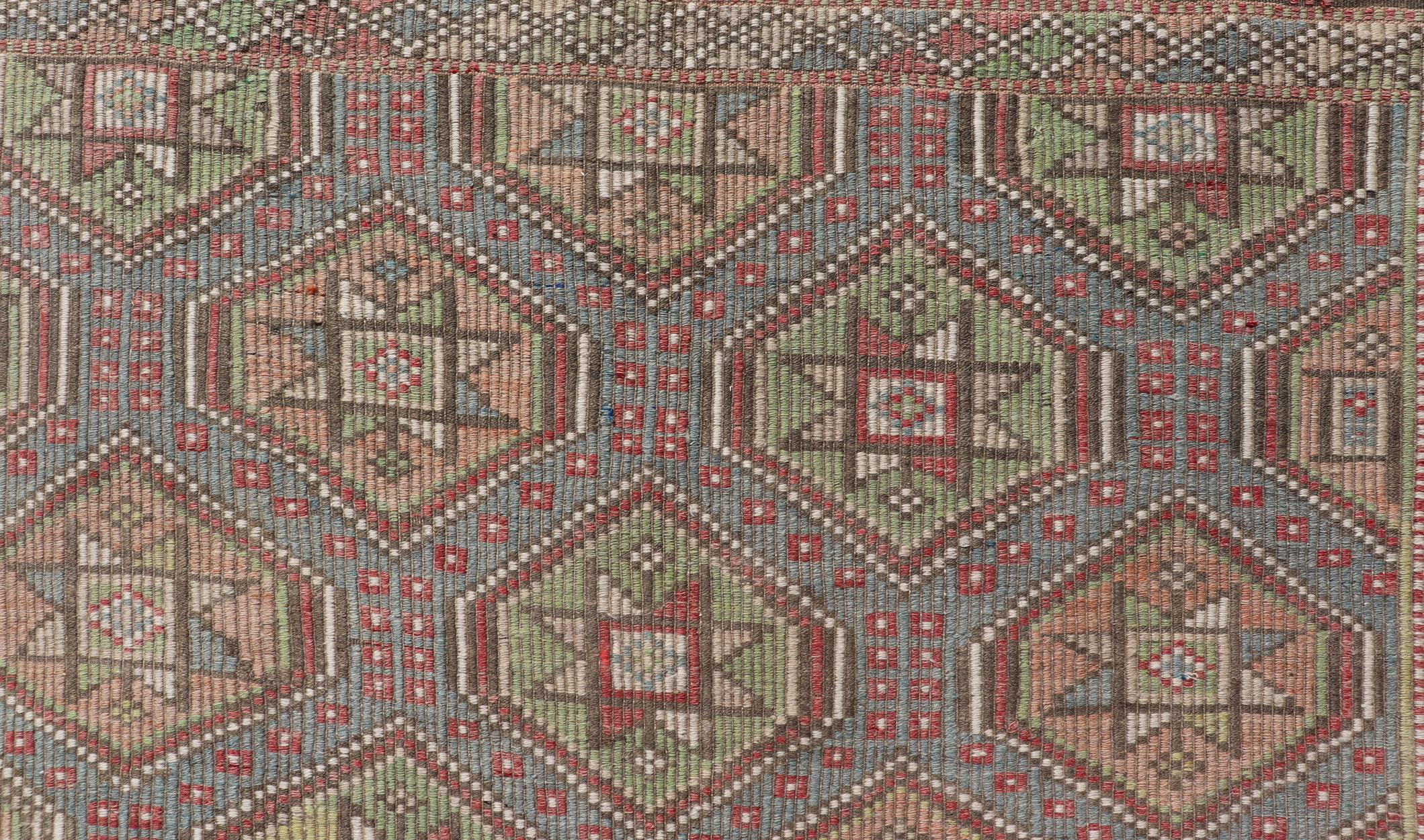 20th Century Colorful Vintage Turkish Flat-Weave Tribal Motif Kilim with Embroideries For Sale