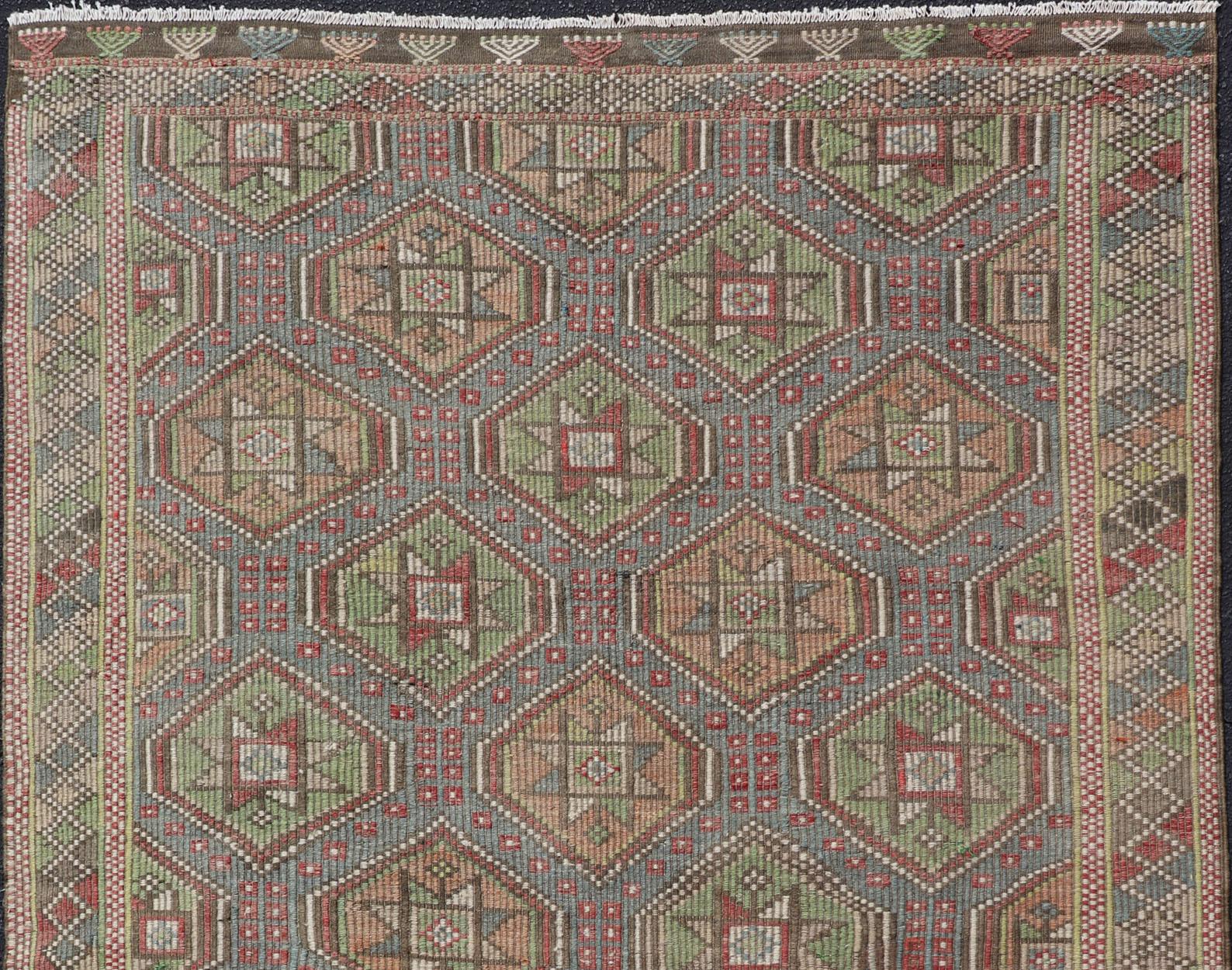 Colorful Vintage Turkish Flat-Weave Tribal Motif Kilim with Embroideries For Sale 3